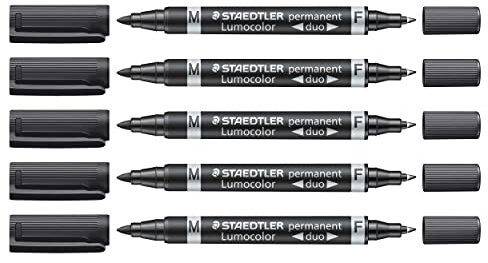 STAEDTLER Permanentmarker Lumocolor permanent duo, Marker mit feiner und medium Rundspitze, wisch- und wasserfest, schnelltrocknend, nachfüllbar, lange Lebensdauer, 5 schwarze Marker, 348-9X