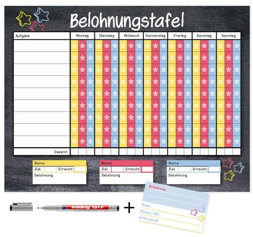younikat Belohnungstafel mit Aufgaben-Liste für 3 Kinder 40 x 30 cm - dv788 | magnetisch, Belohnungstafel mit Aufgaben-Liste für 3 Kinder inkl. Belohnungskarten, abwischbar