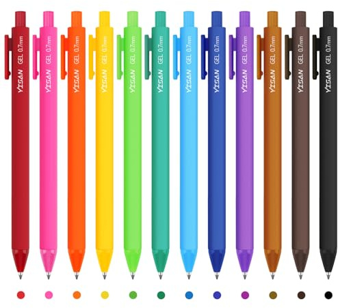 YISAN Gelschreiber,Einziehbarer Kugelschreiber bunt,Gelstifte 12 Farben, 0,7 mm Set zum Schreiben,Schnell trocknende,Malen,71044