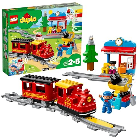 LEGO DUPLO Dampfeisenbahn, Eisenbahn-Spielzeug aus LEGO Steinen mit Tierfigur, Zug-Spielzeug für Jungen und Mädchen, mit Licht & Geräuschen sowie Push-&-Go-Motor, Geschenk für Kinder ab 2 Jahren 10874