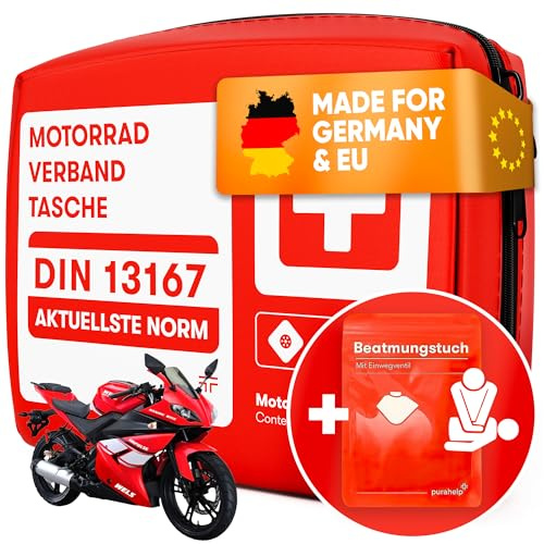 PURAHELP Motorrad Verbandskasten nach aktueller Norm 2026 DIN 13167 (StVO konform) - Inkl. Beatmungstuch - Motorrad Erste Hilfe Set 2026 Mini Klein