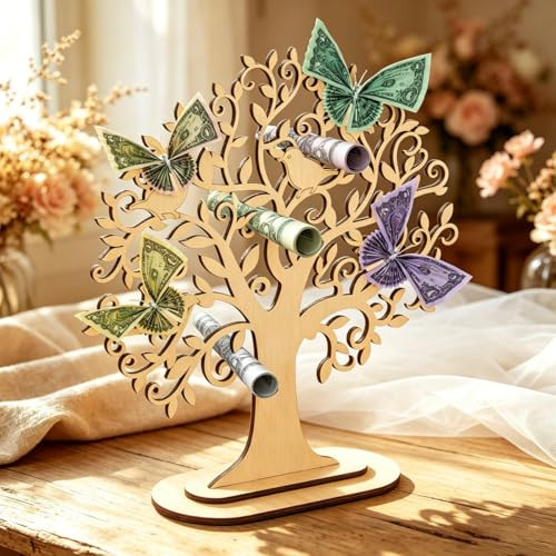 HONGECB Geldbaum Geschenk aus Holz – Kreatives Geldgeschenk Hochzeit Holz, Personalisiertes Holzs Baum Geldgeschenk für Geburtstag & Besondere Anlässe, DIY Lebensbaum Deko Holzs zum Beschriften
