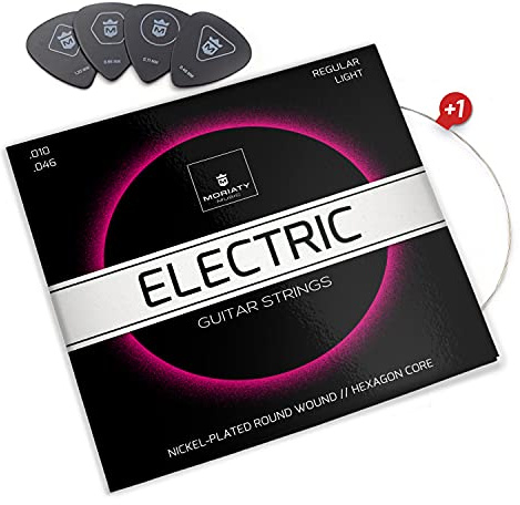MORIATY E-Gitarrensaiten + 4 Plektren, eBook, extra E-Saite | inkl. 4 Plektren, extra E-Saite, eBook-Gitarrenschule, 6er Set, Nickel Wound, Hexagon-Stahlkern, korrosionsgeschützt