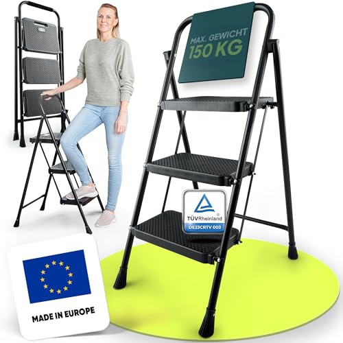 uandu Stufenleiter mittel – Haushaltsleiter für Zuhause, Küche & Garten | Trittleiter, Stehleiter, Klappleiter | TÜV-zertifizierte Leiter, klappbar & platzsparend