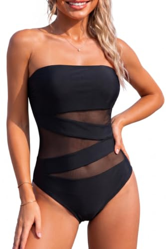 Holipick Trägerloser Bandeau-Badeanzug, einteilig, sexy Netz-Ausschnitt, Bauchkontrolle, Badebekleidung