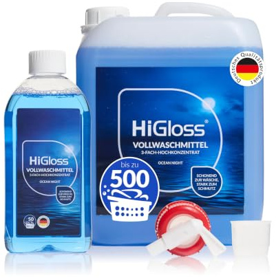 HiGloss Flüssigwaschmittel für Bunt- und Weißwäsche 5000ml + 500 ml Flasche Dosierhilfe & Auslaufhahn Allergikergeeignet, Made in Germany Ocean Night