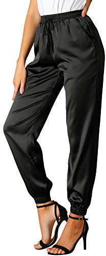 Allegra K Satin-Hose für Damen, Kordelzug, elastische Taille, gerades Bein, knöchellang, Elegante Jogginghose mit Tasche