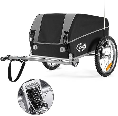 CXWXC Fahrradanhänger mit Stoßdämpfer - Großer Laderaum bis 120L, Tragkraft 40KG, Klappbarer Lastenanhänger mit Abdeckplane und Sicherheitsfahne - Perfekt für den täglichen Transport