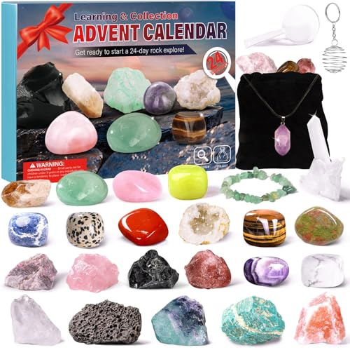Kristalle Adventskalender 2025 für Kinder Weihnachtskalender 24 Stück Sammlung Gesteine und Mineralien Weihnacht Geschenk für Mädchen Jungen Geologie Enthusiasten