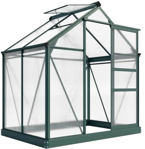 Outsunny Gewächshaus Aluminium mit Dachfenster 190x132x201cm Grün | 2,51m², Fundament, Schiebetür, 4 mm Platten, UV-Beständig, Treibhaus, Aufzucht, Tomatenhaus, Pflanzenhaus, Garten Outdoor