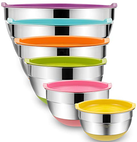 Rührschüsseln mit luftdichten Deckeln, 6-teilige Edelstahl-Metallschalen von Umite Chef, Messmarken und bunte rutschfeste Böden Größe 7, 3,5, 2,5, 2,0,1,5, 1QT, ideal zum Mischen und Servieren