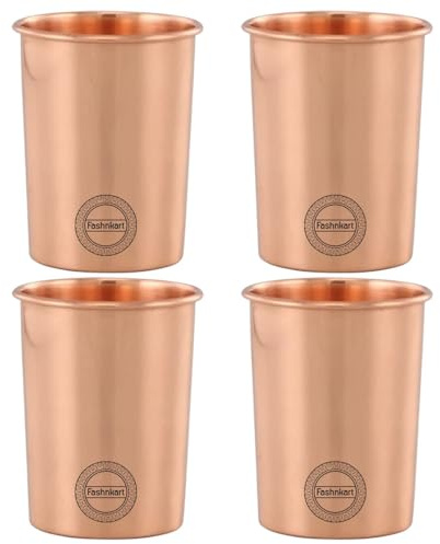 Fashnkart 4er-Set Trinkwassergläser aus reinem Kupfer, ayurvedische Gesundheitsbecher, Kupferbecher, 300 ml (glatt)