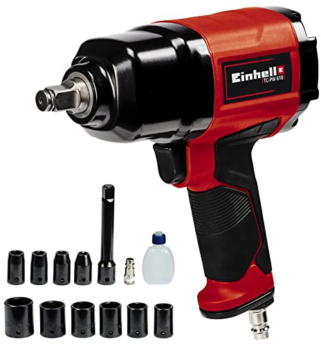 Einhell Druckluft-Schlagschrauber TC-PW 610 (max. Drehmoment 610 Nm, Links-/Rechtslauf, 10 Stecknüsse, Ölflasche (leer), Stecknippel, Verlängerung 125 mm)
