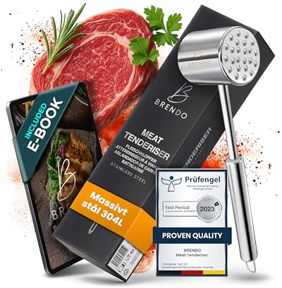 Brendo Premium Fleischklopfer aus Massiven Edelstahl I Doppelseitig mit Flacher & zackiger Schlagfläche für alle Fleischsorten I + E-Book Rezept I Spülmaschinenfest I Schnitzelklopfer