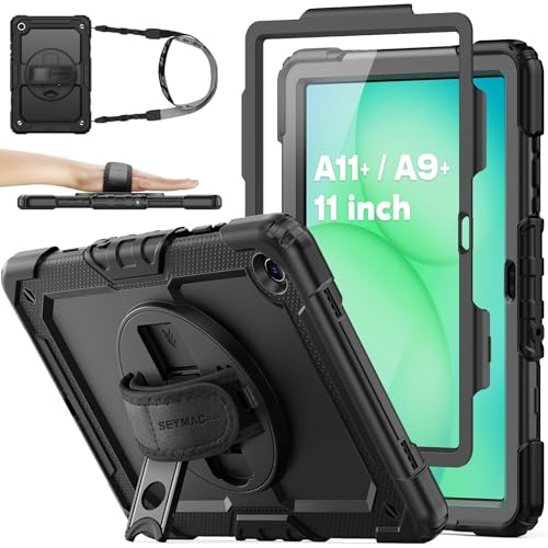 SEYMAC stock Hülle für Samsung Galaxy Tab A11+ Plus/A9+ Plus 11 Zoll 2025/2023, Stoßfeste Hülle mit Displayschutz, 360° Drehbarer Ständer/Handschlaufe, Stifthalter & Schultergurt, Schwarz