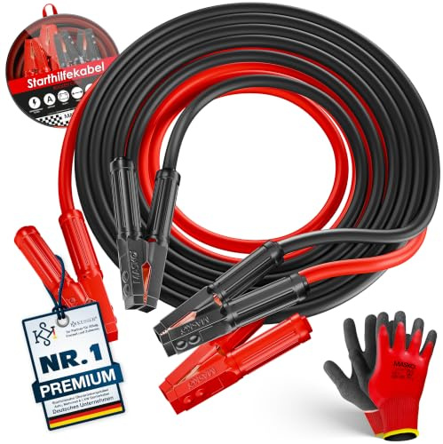 MASKO® Starthilfekabel Überbrückungskabel für Benzin- und Dieselmotoren 12/24 Volt. Auto, Motorrad & LKW Starterkabel aus Kupfer mit 4 vollisolierten Polzangen, Handschuhe & Tasche 2x6m 50mm² 3000Amp