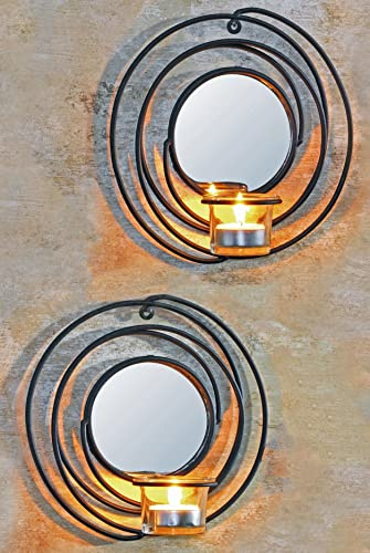 Novaliv 2X Wandkerzenhalter mit Glas und Spiegel Metal 20,2 x 8,3 x 21,5 cm Schwarz Kerzenhalter Wand Teelichterhalter Deko Wohnzimmer Dekoration Wanddeko Vintage Deko Teelicht Wandhalter