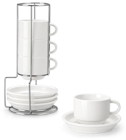 MALACASA Cappuccino Tassen 4er Set, 120 ml Mokkatassen Dickwandig mit Untertasse & Ständer, Stapelbar Kleine Kaffeetassen aus Weißem Porzellan, Spülmaschinengeeignet, Serie Regular