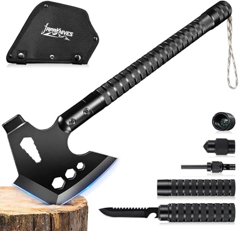 Japaknives 8 in 1 Survival Wikinger Axt, Multitool Doppelklingen, ABS Griff | Vielseitige Campingaxt mit Messer & Kompass, Nylonhülle geschützt, Rutschfester Spaltaxt für Bushcraft, Garten