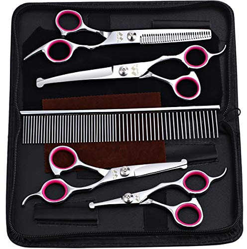 Hunde Schere mit Rundspitze, 5 in 1 Hundescheren set, Edelstahl Katze Fellpflege Schere, Fellschere Hunde für Ganzkörper, Gesicht, Nase, Ohr (Rosa)