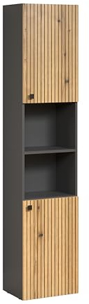 trendteam smart living PureBliss Hochschrank Badezimmerschrank Anthrazit/Evoke Eiche Rillenoptik 2 offene Fächer 4 Einlegeböden mit Edlen Metallgriffen 40 x 186 x 31 cm