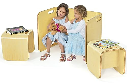COSTWAY 3tlg. Kindertisch mit 2 Stühlen Birke, Kindersitzgrupppe Holz platzsparend, Sitzgruppe für Kinder, Kindermöbel für Kinderzimmer, Kindergarten (Natur)