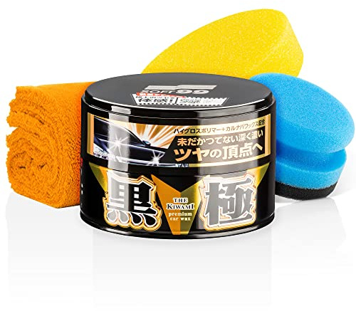 detailmate Wachs Set: Soft99 Extreme Gloss Wax The Kiwami Dark, Carnauba Autowachs Lackversiegelung mit Schwamm, 200g, Poliertuch 40x40cm, Handpolierschwamm