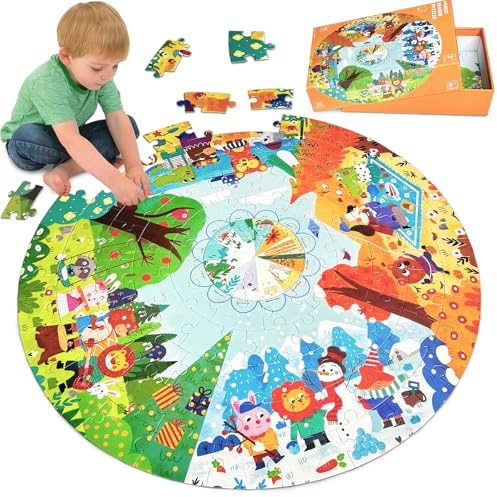 Kulveanju Kinder Puzzle ab 4 5 6 Jahre, 88 Teile Bodenpuzzle Vier Jahreszeiten Wald Tier, Große kinderpuzzle Spielzeug Kreisförmig, Puzzle für Jungen und Mädchen 3-7 Jährige Geschenk, 53x53 cm