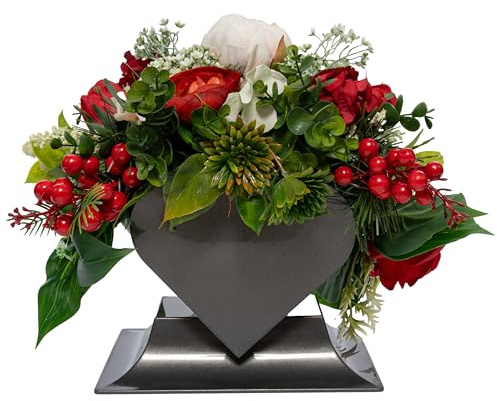 Grabgesteck aus Rosen in Herzvase, rot, ca. 30 cm hoch, künstliche Blumen, stabile beschwerte Schale, wetterfest – Friedhofsdeko für Grab, Urnengrab & Gedenkstätte – Allerheiligen Dekoration