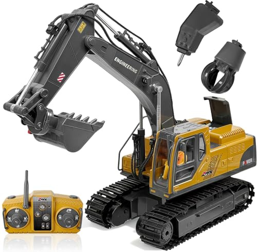 kolegend 3-in-1 Ferngesteuerter Bagger, 14-Kanal RC Bagger Spielzeug mit DREI Metallköpfen, 680° Drehbarer Radlader mit Lichtern & Musik, Geschenk Ab 6-12 Jahre