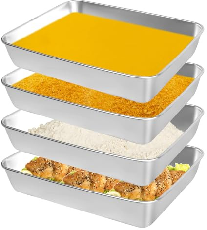 Panierschalen Set 4 Stück Panierstrasse Edelstahl Schale Rechteckig Edelstahl Behälter Backblech Metallschale für Fisch Fleisch und Gemüse (26x20x5 cm)