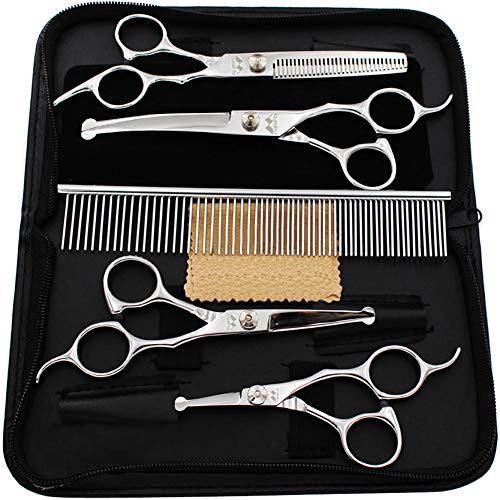 Hundeschere mit Rundspitze, 5 in 1 Hundescheren Set, Edelstahl Katze Fellpflege Schere, Hunde Scheren Set für Ganzkörper, Gesicht, Nase, und Ohr