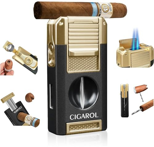 CIGAROL Feuerzeug, 5 in 1 Sturmfeuerzeug, 2 Jet Flamme Zigarrenfeuerzeug mit Zigarrenschneider V - Enthält kein Gas, Tolle Geschenke für Männer (Schwarz)