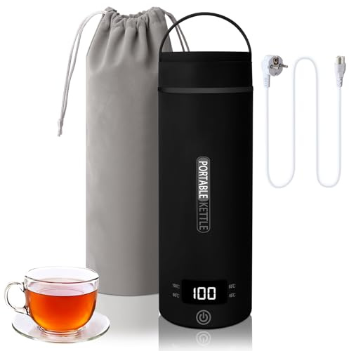 Reise Wasserkocher Klein Elektrische, 500ML/300W Tragbarer Wasserkocher Mini Wassertasse Edelstahl 316, Heizung Automatisch Abschalten,mit umkehrbarem Deckel für Tee (Schwarz)