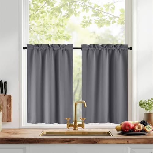PONY DANCE Scheibengardinen Blickdicht Bistrogardine Modern Fenstergardinen 2er Set B 60 x H 45 cm Verdunklungsvorhänge Kurz Gardinen Küche Fenster Vorhänge Wohnwagen, Grau
