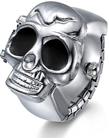 JewelryWe Herren Ringuhr Fingeruhr Analog Quarz Uhr Elastisch Totenkopf Schädel Ring Band Edelstahl Uhr Uhrenring