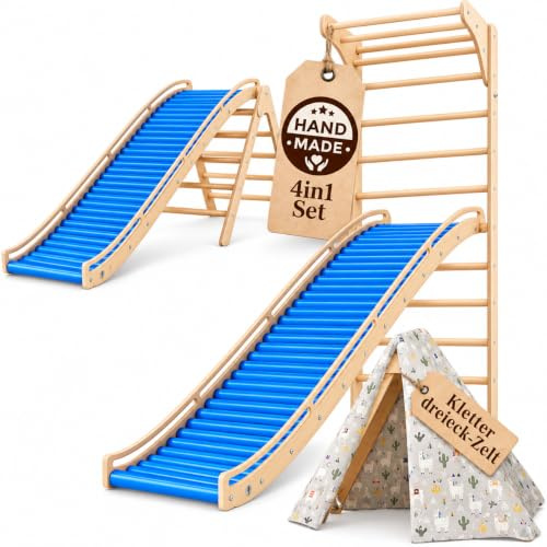 WoodsCraft 4in1 Rollenrutsche 198cm + Sprossenwand + Kletterdreieck + Zelt | Rollen-Wellenrutsche Set mit Kinderzelt Indoor | drehbare Rollen für sensorischen Spielspaß | Indoor & Outdoor Rutsche