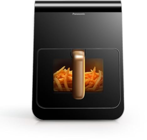 Panasonic NF-CC600AXE Air Fryer mit Sichtfenster, 6 l, 80–200 °C, digitaler Timer & LCD-Display, sanfte Dampfzugabe, 11 Voreinstellungen, einfache Reinigung, Schwarz mit Griff in Roségold