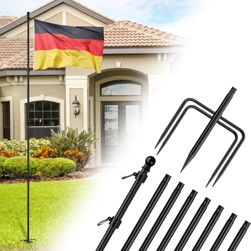 ZMTECH Fahnenmast 3m(10FT) Stabil mit 5 Zinken Halterung für Garten 300 cm Fahnestange für Flagge Edelstahl Flaggenmast für Haus Garten (No Flagge, Schwarz)