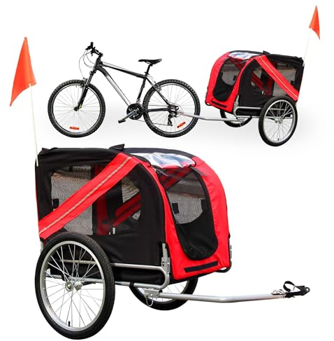 Wiltec Hunde Fahrradanhänger 220x700x78cm rot-schwarz mit Sicherheitsdrehkupplung, Lastenanhänger Fahrrad mit Fliegengitter & Regenschutz