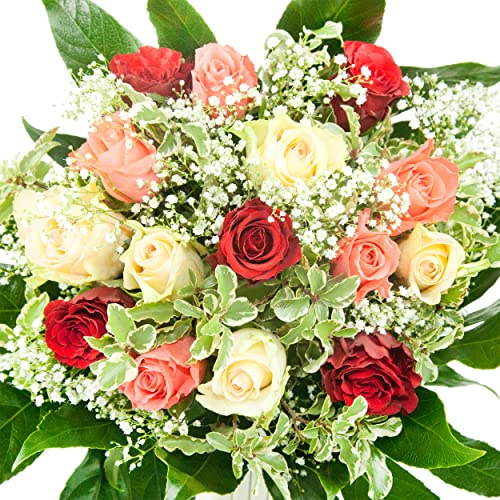 Blumenstrauß Rosenmix - Bunter Strauß mit 12 Rosen in Rot/Weiß/Rosa mit Schleierkraut - Inklusive Grußkarte
