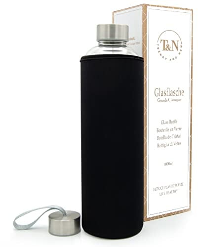 T&N Glasflasche 1 Liter / 750ml / 500ml – Trinkflasche Glas 1l mit Neoprenhülle – Wasserflasche Auslaufsicher – Glastrinkflasche aus dickerem Borosilikat-Glas für Kohlensäure geeignet