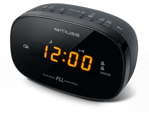 Muse M-150-CR Radiowecker | UKW PLL-Radio mit 20 Speicherplätzen | Zwei Alarme, Schlummerfunktion & dimmbares LED-Display in Bernstein