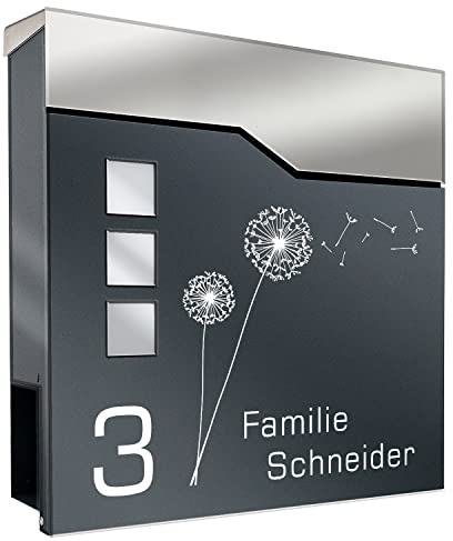 Zalafino Briefkasten mit Name und Hausnummer in anthrazit – personalisierbarer Design-Briefkasten aus pulverbeschichtetem Stahl mit Zeitungsrolle, Briefschlitz und Sichtfenstern – Model Vertigo