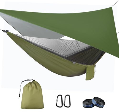 OTraki Hängematte Outdoor mit Tarp Moskitonetz, 290 x 140cm Ultraleicht Reise Camping Hammock Hängematten 200kg Last Kapazität für Wandern, Reisen, Garten, Terrasse