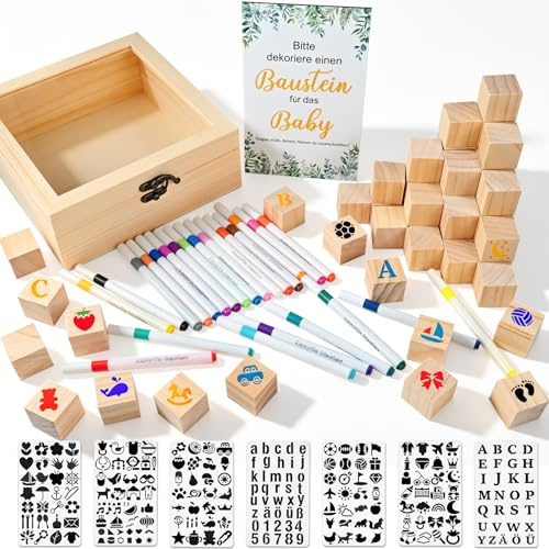Tigvio 85 Stück Babyparty Spiele Set, Lustige Bauklötze Bemalen Babyparty | Baby Party Spiele mit 52 Holzwürfel + 7 Schablonen + 24 Acrylstifte + Holzschild&Holzbox für Junge&Mädchen, Baby Shower Deko