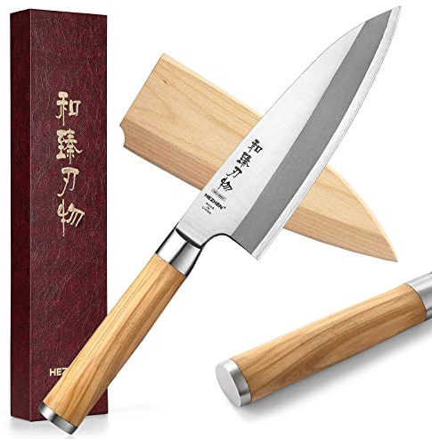 HEZHEN 18CM Deba Messer,Messer Asiatischer Art, Japanischer Stil Schmiedestahl Fische Lachs Filetieren Messer, Edelstahl Metzgermesser, Griff aus Olivenholz Holzscheide Scheide