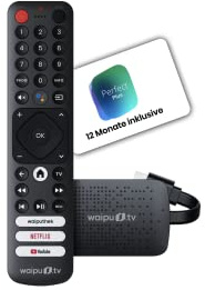 waipu.tv 4K Stick + 12 Monate Perfect Plus | TV-Kombi | Fernsehen über WLAN | Fernbedienung mit Schnellwahltasten (mit TV-Steuerungstasten) | HDMI | 4K | HDR
