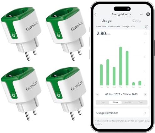 Greensun WLAN Steckdose 4er Pack Smart Life Fernbedienung 16A 2,4 GHz WiFi Steckdose mit Stromverbrauch Messen, Zeitschaltuhr Sprachsteuerung funktioniert mit Alexa, Google Home