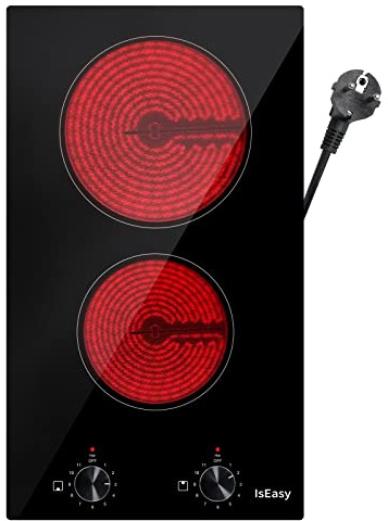 Glaskeramikkochfeld 2 Platten, IsEasy Domino Glaskeramikkochfeld mit 11 Leistungsstufen,3200W, 29.5cm, Drehknopf Knebel Steuerung, Schwarz Polierter Kristallglasoberfläche, für Alle Töpfe